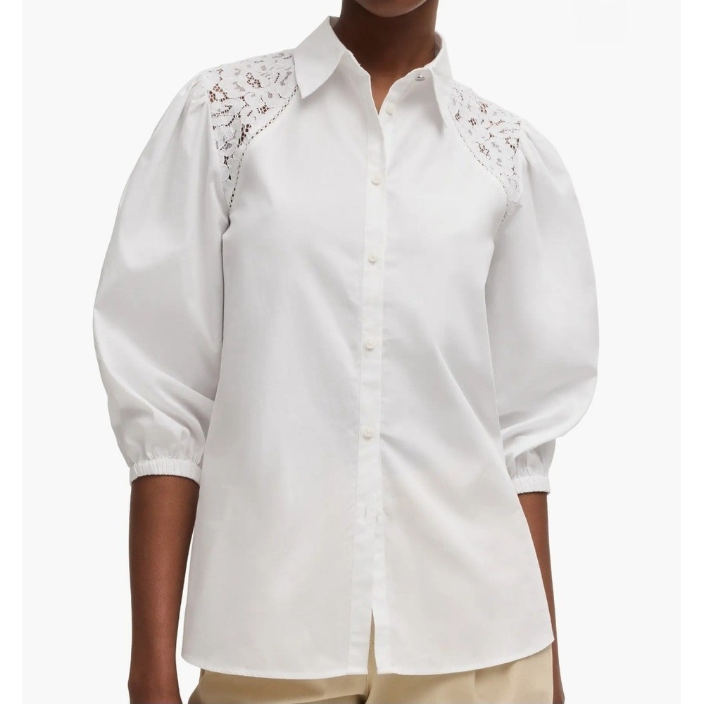 Boss Orange Brenda Cotton Button Up Collared Shirt White Floral Lace Womens S